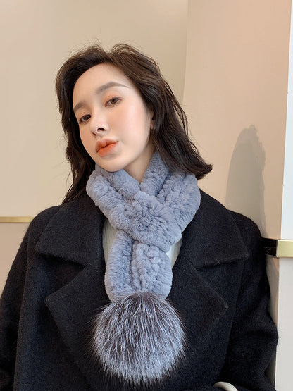 Real Rabbit Fur Fox Pom Pom Scarf - Winter Warmth & Style