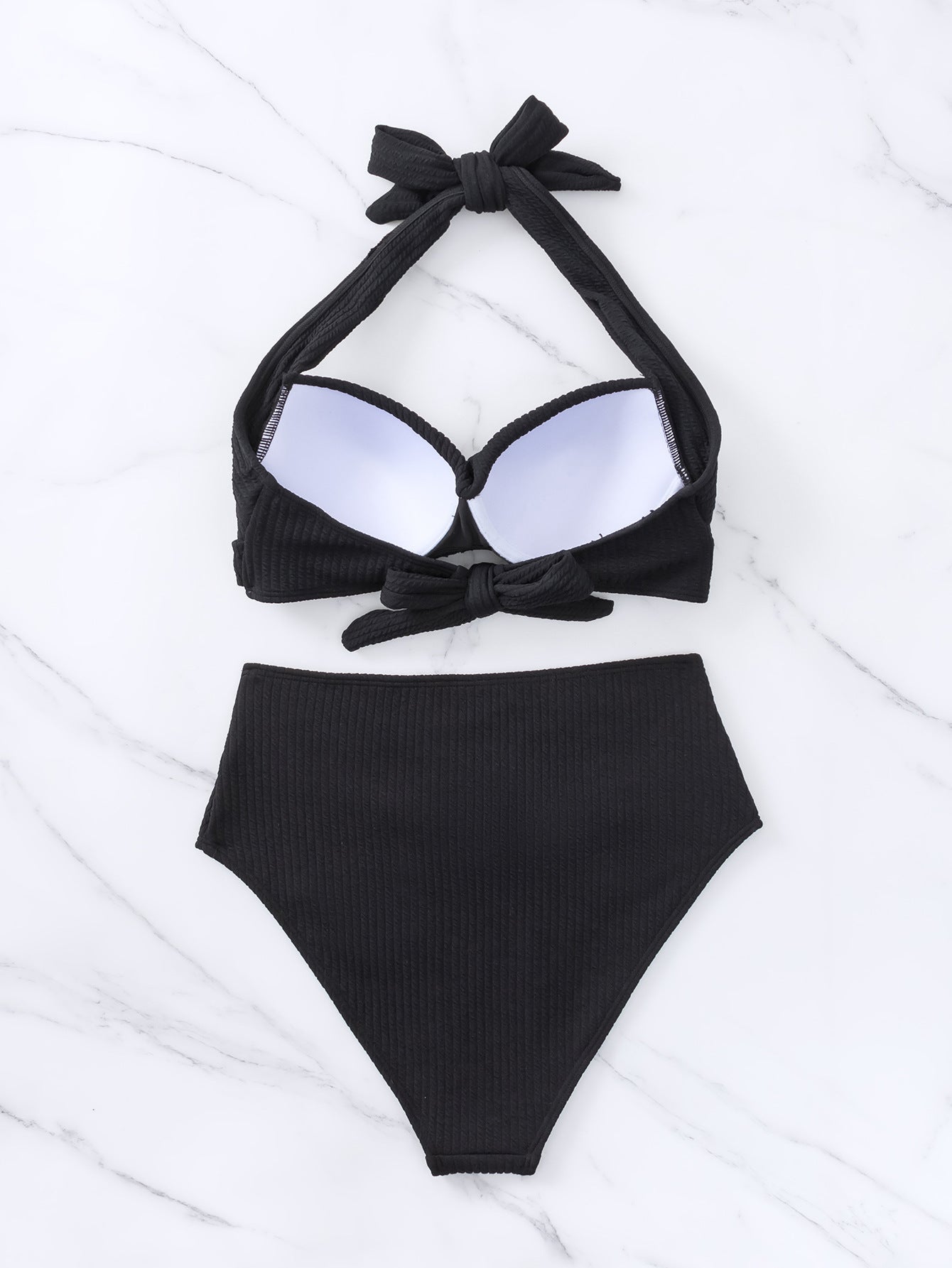 Chic Solid Color Gathered Straps Backless Bikini Swimsuit