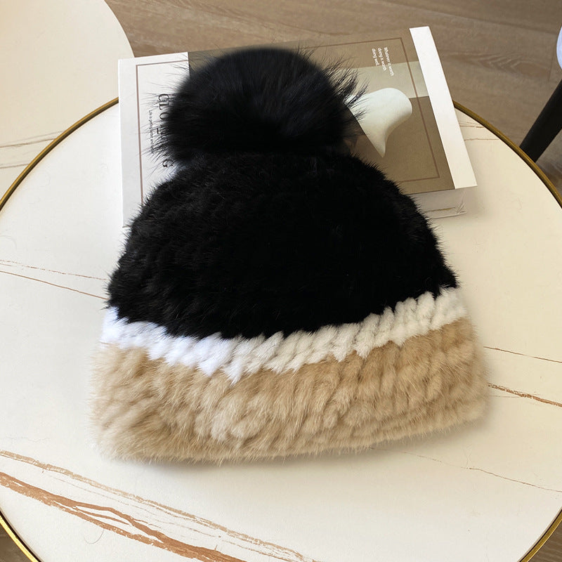 Women's Striped Fur Blend Hat with Real Rabbit Fur Pom Pom