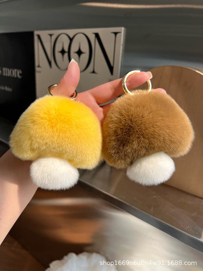 Cute Real Rabbit Fur Mushroom Keychain - Trendy Car Accessory