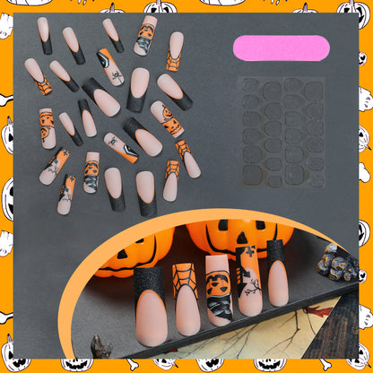 Long Water Pipe Halloween Nails with Pumpkin and Midnight Design