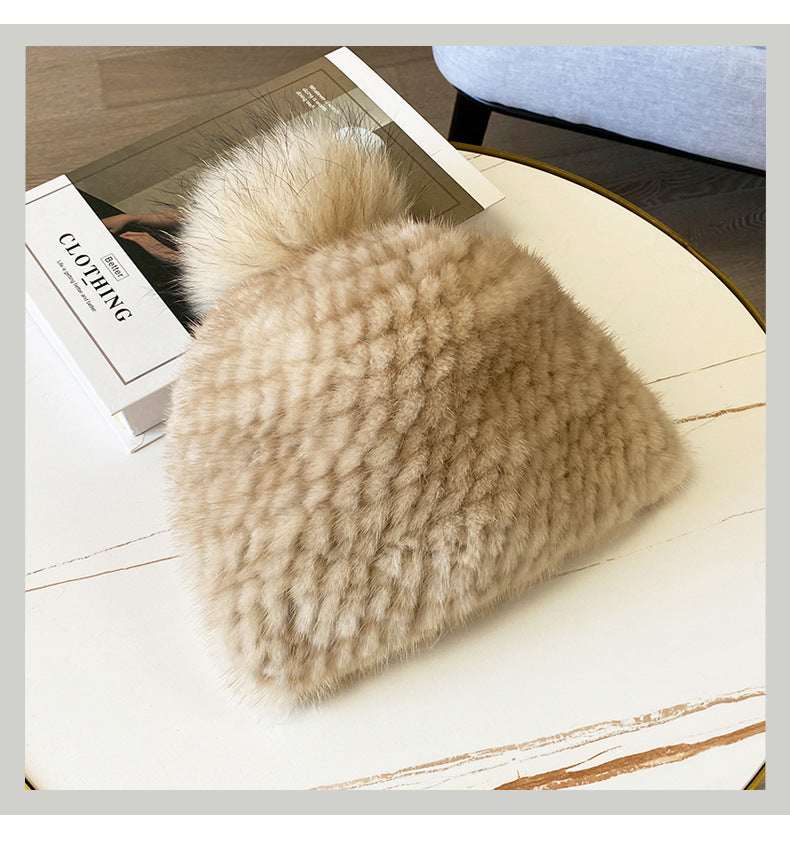 Women's Striped Fur Blend Hat with Real Rabbit Fur Pom Pom