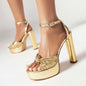 Gold Round-Toe Diamond-Patterned Peep-Toe Stiletto Sandals-Homeunderwear