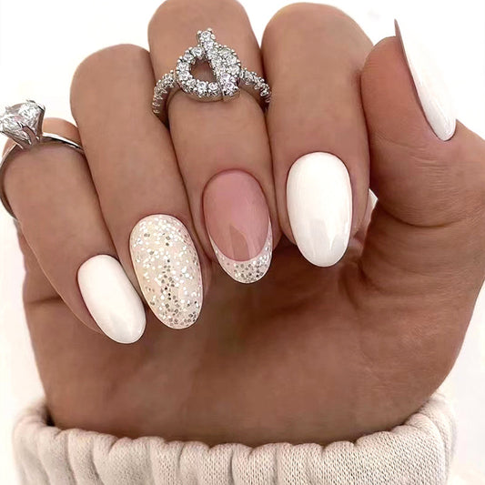 Simple Short Oval White Nails, Moonlight Sparkle French