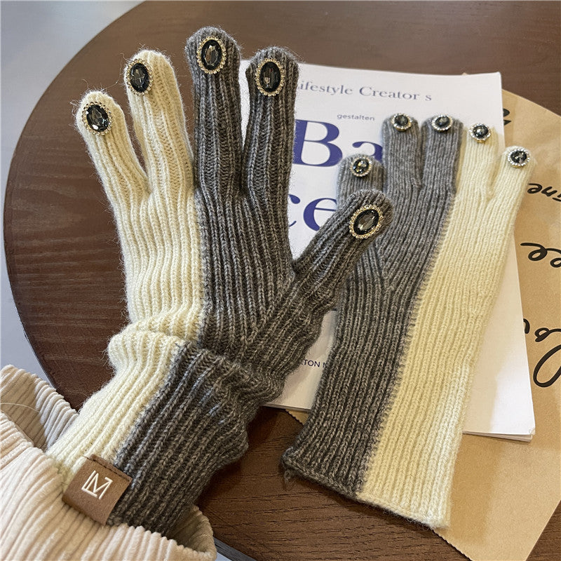 Rhinestone Finger Wool Gloves