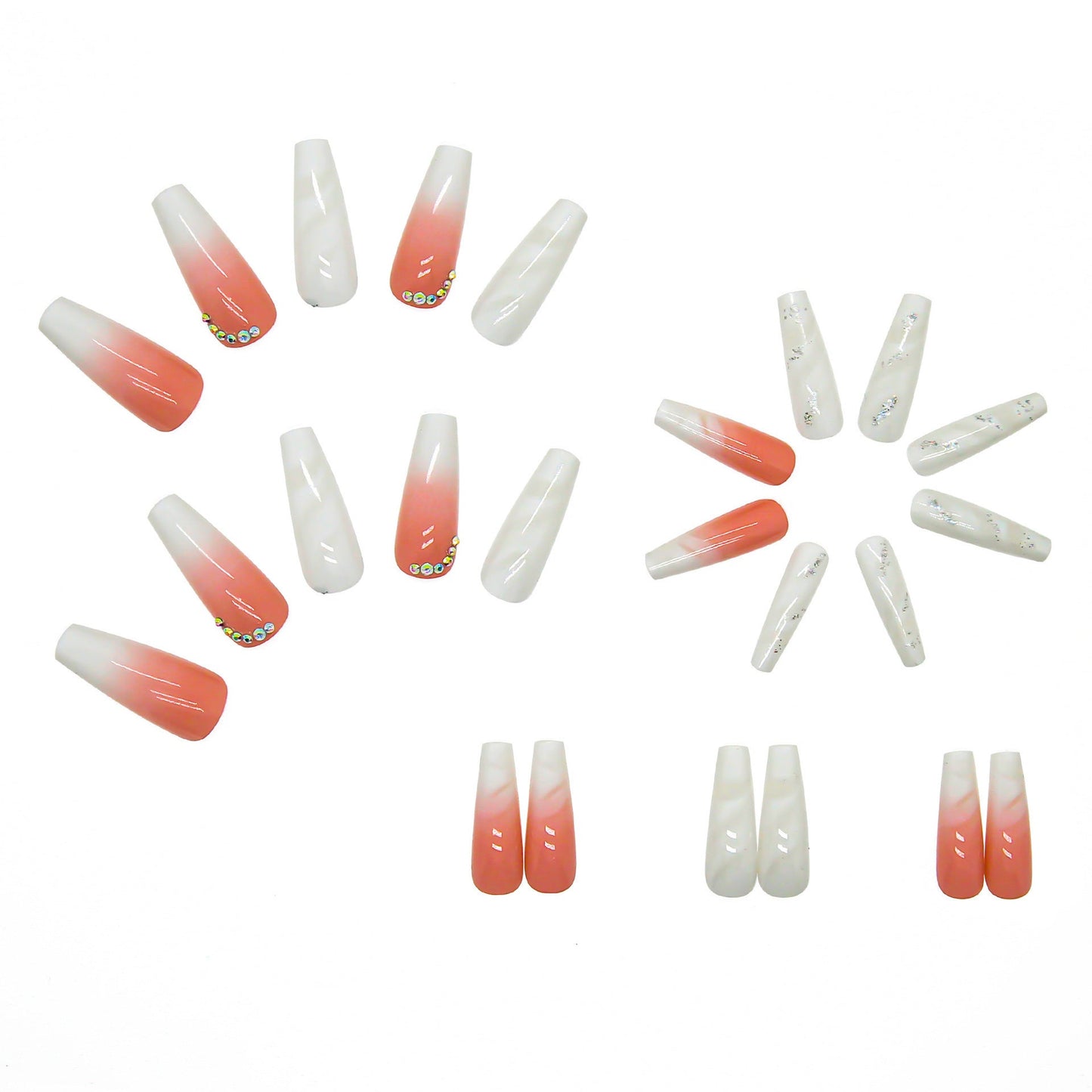 White Transparent Ombre Nails with Diamonds - Removable (Wholesale 24-Piece)