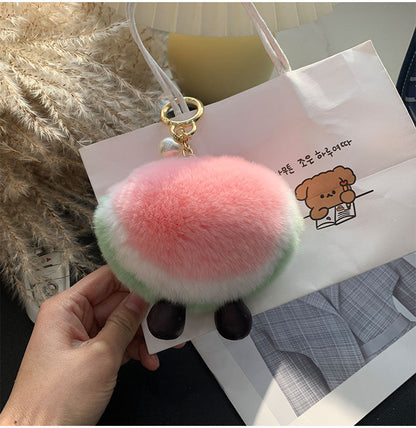 Cute Real Rabbit Fur Watermelon Charm Keychain & Phone Decor