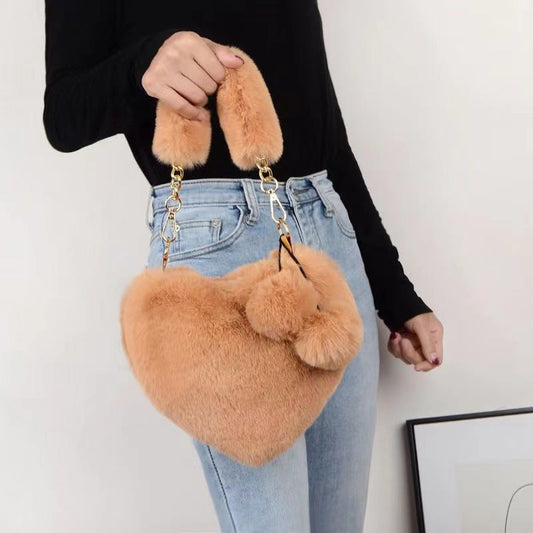 Fashionable Heart-Shaped Fuzzy Handbag - Tote Crossbody