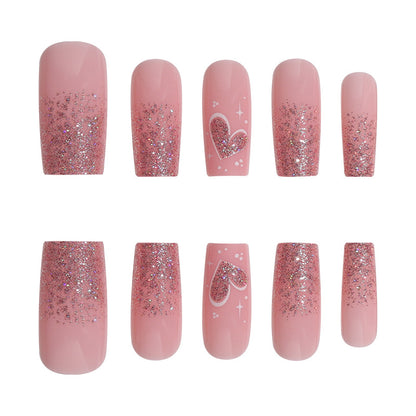 Square Gradient French Nail Extensions with Sparkle Hearts