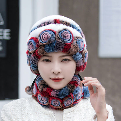 Warm Real Rabbit Fur Ear Flap Hat & Scarf Set