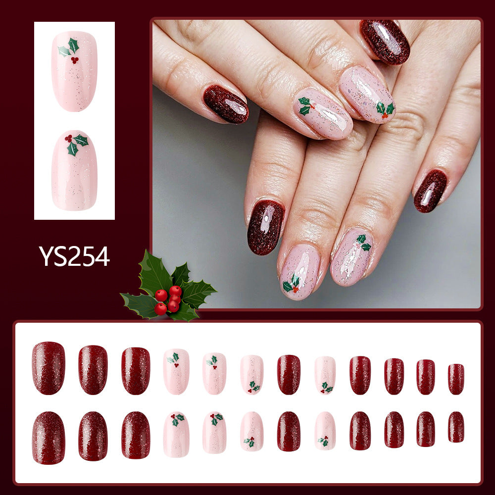 New FashionShort Shiny Oval Christmas Nails - Glitter, Leaves, Berries-homeunderwear