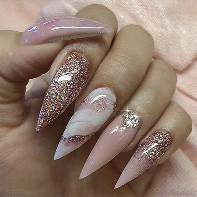 Long Marble Gradient Nail Tips with Glitter and Rhinestones