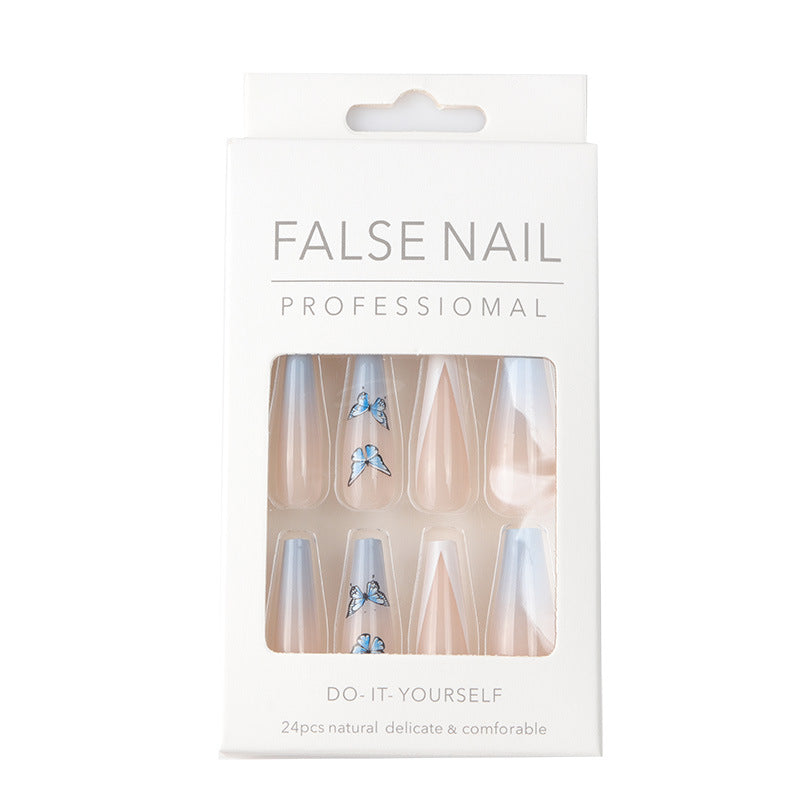 Blue Butterfly V-Shaped French Nail Extensions, Ins Style