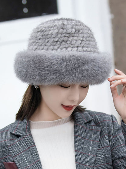 Warm Mink Fur Hat with Fox Pom Pom - Ear Flap Design