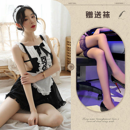 Sexy Transparent Lace Maid Pajama Set Sex Lingerie