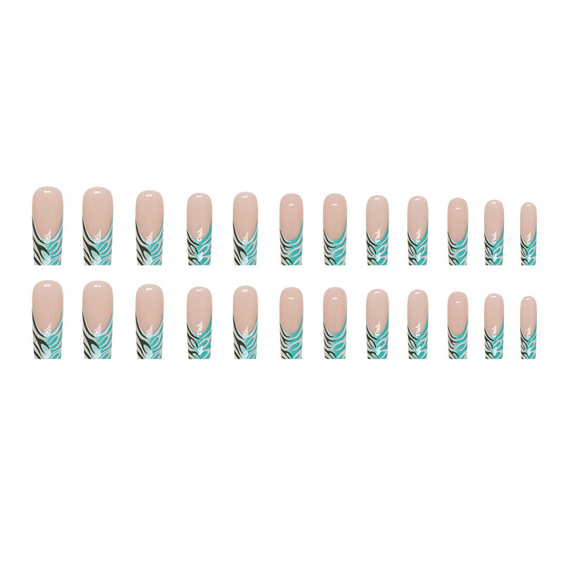 Green and White Irregular Line Mid-Length Nails for Elegant Look