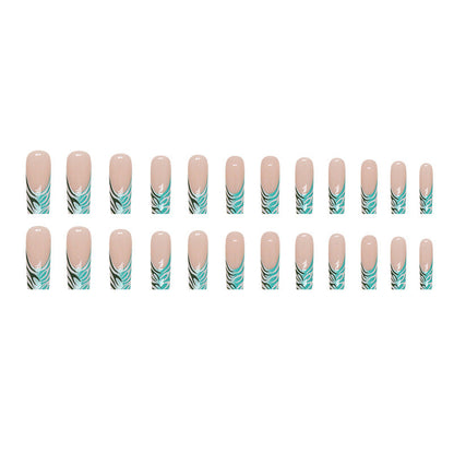 Green and White Irregular Line Mid-Length Nails for Elegant Look