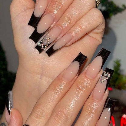 Long French Nail Tips with Crystal Hearts, Ready-to-Wear