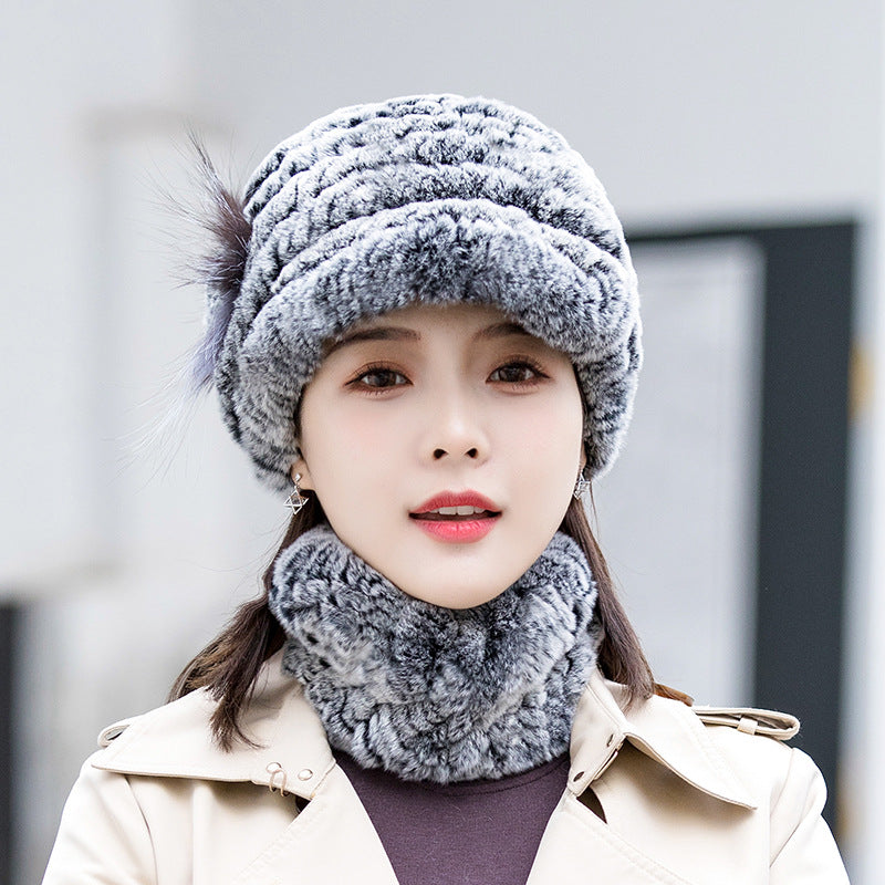 Winter Real Rabbit Fur Cap & Scarf Set - Mom Hat