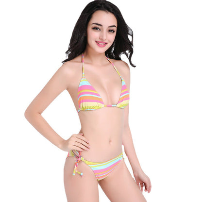 2025 New Rainbow Striped Lace-up Nylon Bikini Swimsuit