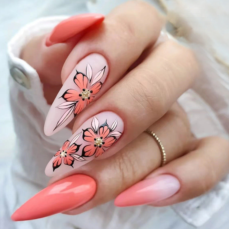 Long Pointed Soft Sunset Yellow Gradient Retro Five-Petal Flower Nails Euro Ins Style-homeunderwear