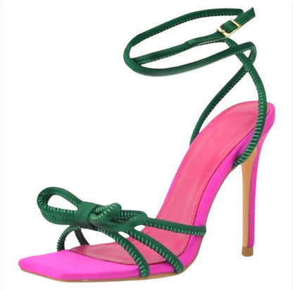 2025 Square-Toe Color Block Bow Tie Detail High Heel Sandals