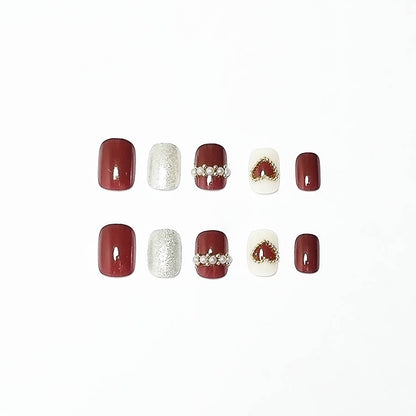 Valentine's Day Short Square Nails with Gold Beads and Hearts