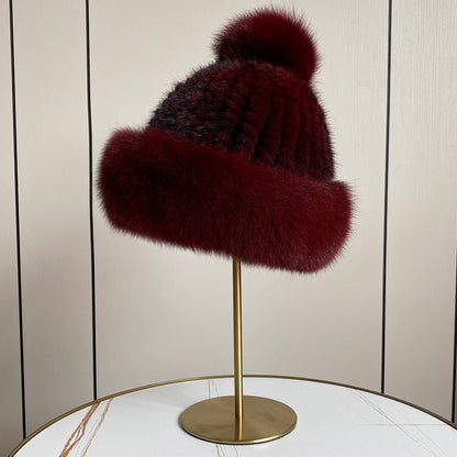 Luxury Mink Fur Hat with Big Fox Pom Pom