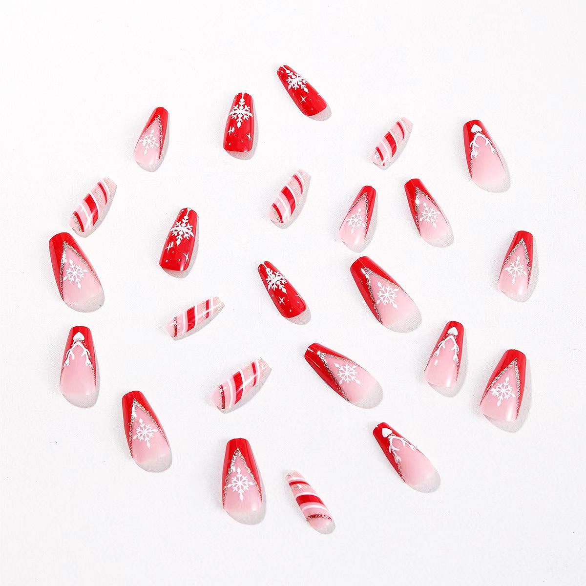 Christmas Snowflake Red Striped Long Nail Tips