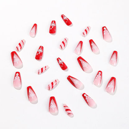 Christmas Snowflake Red Striped Long Nail Tips