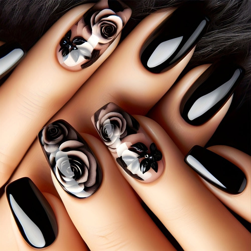 24-Piece Black Rose Removable Fall Nails