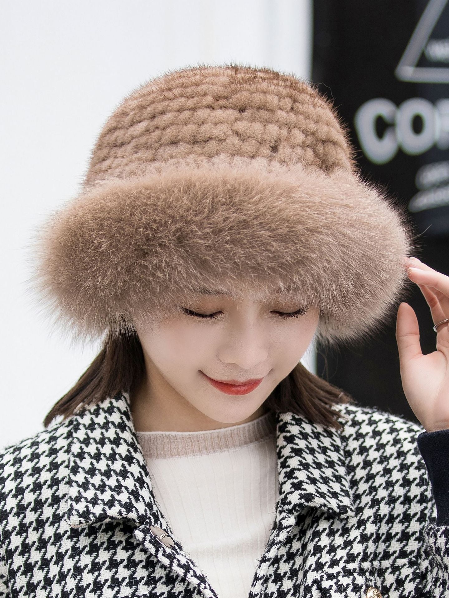 Warm Mink Fur Hat with Fox Pom Pom - Ear Flap Design