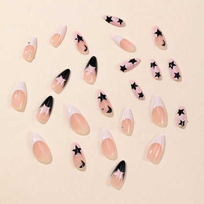 New Arrival Almond Shaped Black White French Pink Star Detachable Fake Nails-homeunderwear