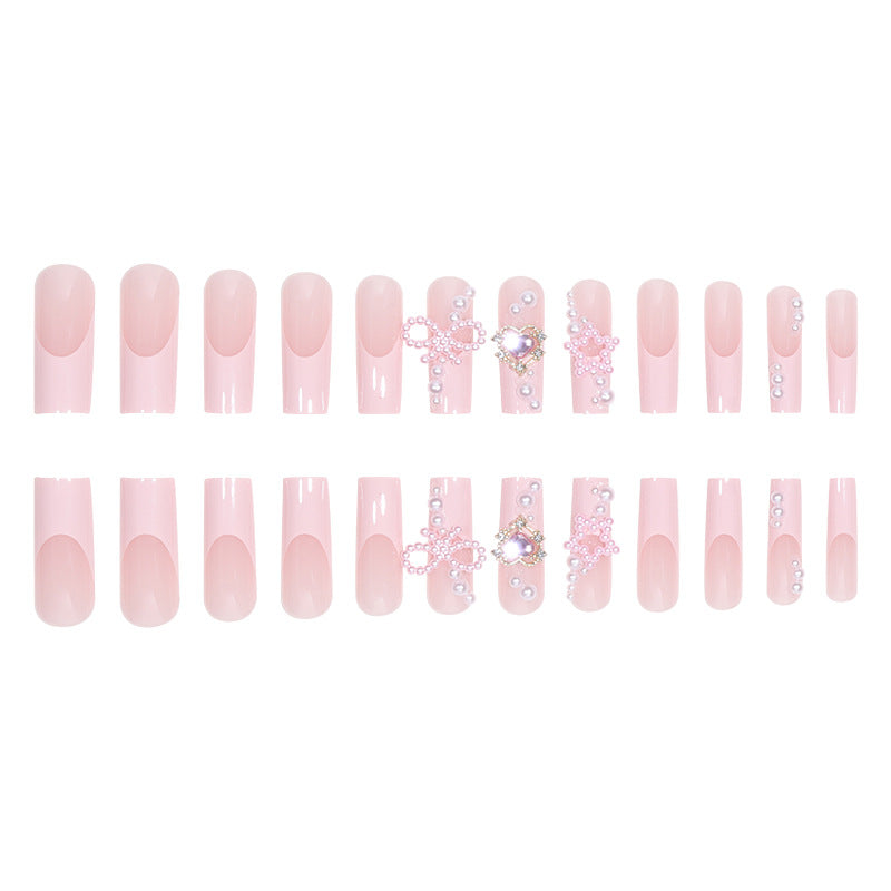 Charming Pink French Nail Tips with Pearls, Bow