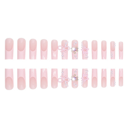 Charming Pink French Nail Tips with Pearls, Bow