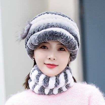 Winter Real Rabbit Fur Cap & Scarf Set - Mom Hat