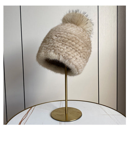 Women's Striped Fur Blend Hat with Real Rabbit Fur Pom Pom