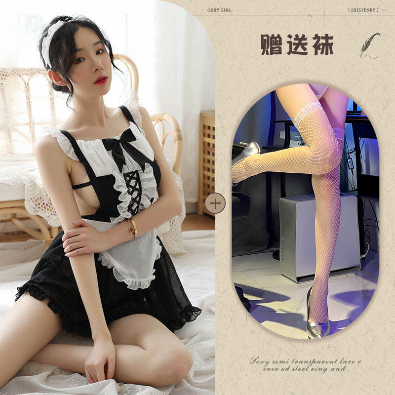 Sexy Transparent Lace Maid Pajama Set Sex Lingerie