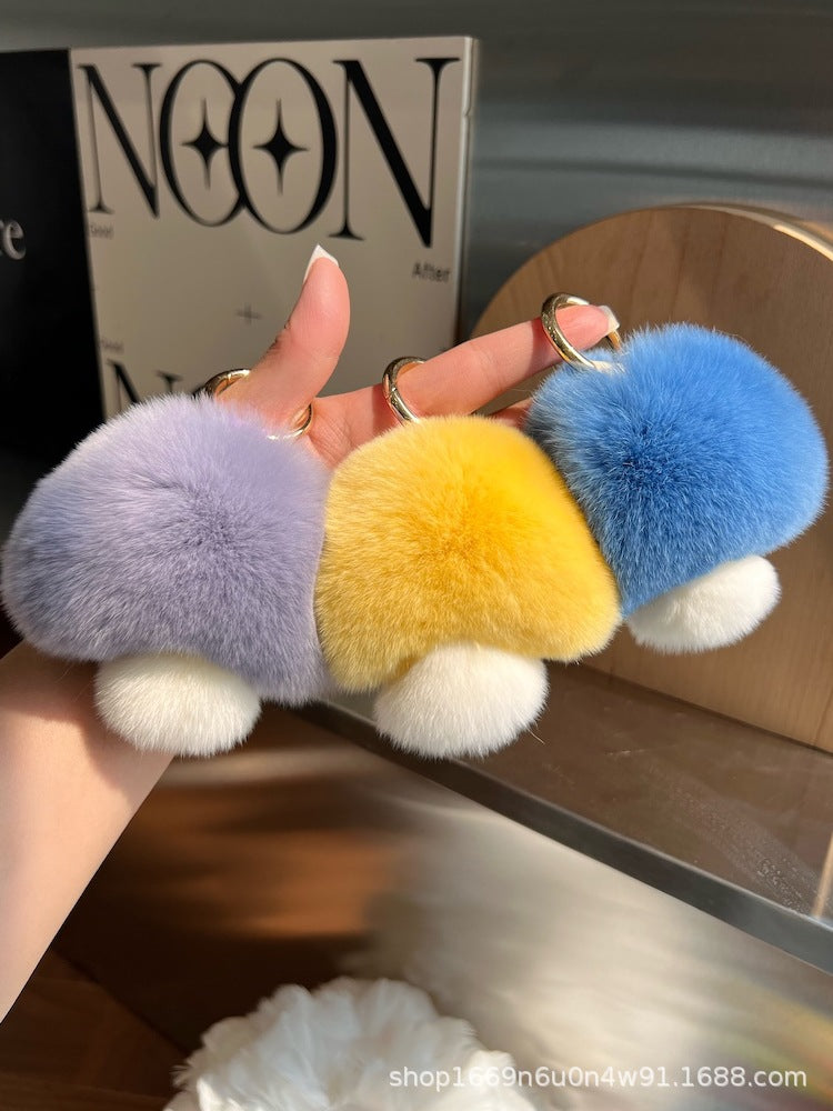 Cute Real Rabbit Fur Mushroom Keychain - Trendy Car Accessory