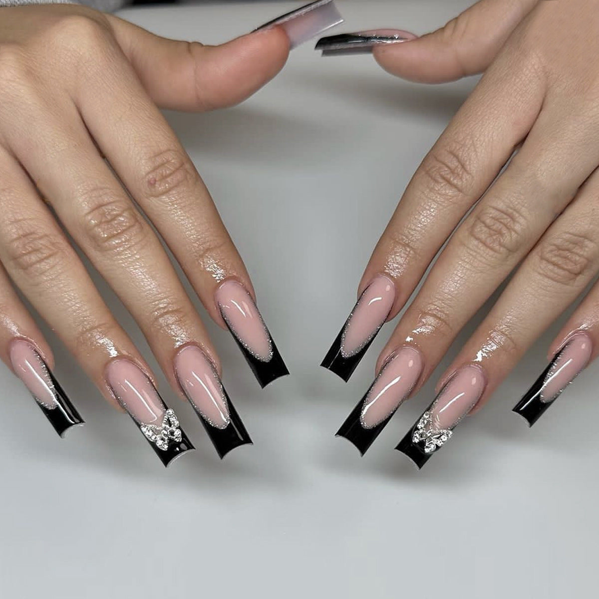 Detachable Long Square Nail Tips with Crystal Butterflies