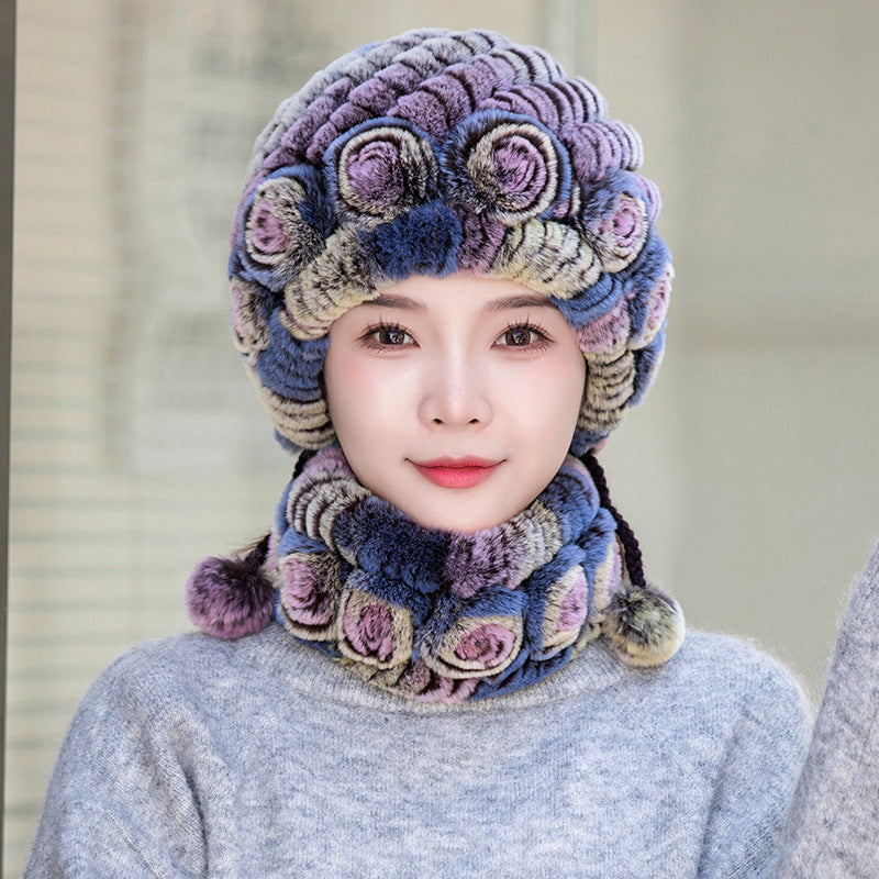 Warm Real Rabbit Fur Ear Flap Hat & Scarf Set