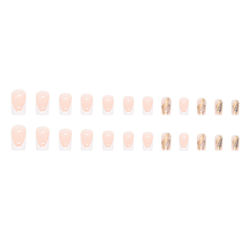 White French Mid-Length Square Nails, Leaf Silhouette, INS Style