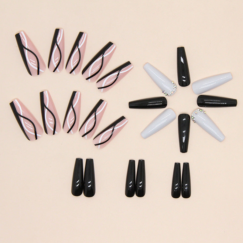 Sweet Edgy Black-White Wave Fall Nails, 24-Piece Ins-Style Set"