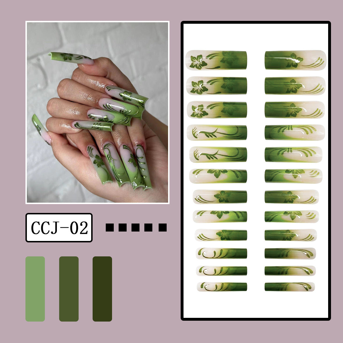 XXL Green Gradient French Nails with Floral Lines