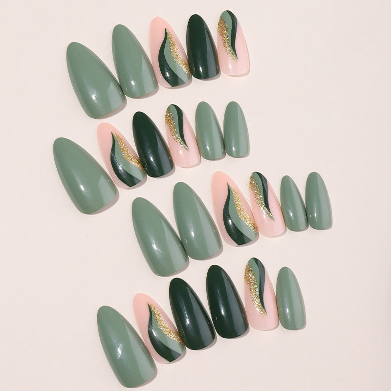 Almond Shape Green Gold False Nails