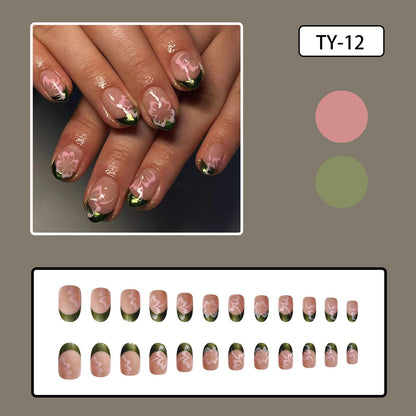 Shimmering Green French Short Oval Nails with Pink Flower Designs