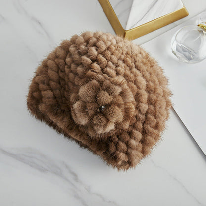 Warm Mink Fur Beret with Faux Flower - Winter Accessory