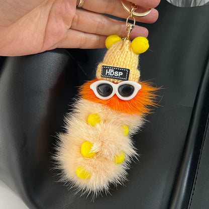 Cute Mink Fur Caterpillar Charm - Keychain & Bag Accessory