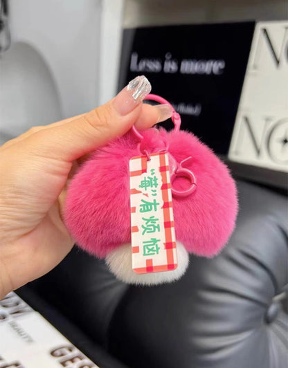 Cute Real Rabbit Fur Charm with Watermelon & Mushroom Design