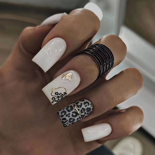 White Shiny Mid-Length Square Nails, Sweet and Edgy, Ins Style-Homeunderwear